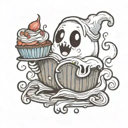 cute ghost holding a cupcake in their hands tattoo design idea