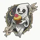 plain cute looking ghost, holding one cupcake with both hands, smiling tattoo design idea