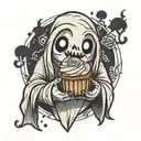 plain cute looking ghost, holding one cupcake with both hands, smiling tattoo design idea
