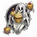 plain cute looking ghost, holding one cupcake with both hands, smiling tattoo design idea