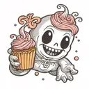 cute ghost, holding cupcake with two hands, smiling, no teeth tattoo design idea
