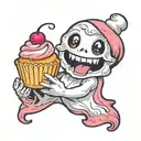 cute ghost, holding cupcake with two hands, smiling, no teeth tattoo design idea