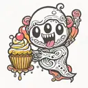 cute ghost, holding cupcake with two hands, smiling, no teeth tattoo design idea