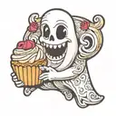 cute ghost, holding cupcake with two hands, smiling, no teeth tattoo design idea