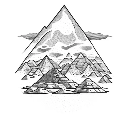 A mystical desert landscape with pyramids in the background and a scorpion crawling in the sand tattoo design idea