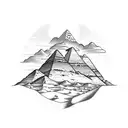 A mystical desert landscape with pyramids in the background and a scorpion crawling in the sand tattoo design idea