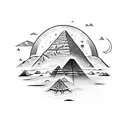 A mystical desert landscape with pyramids in the background and a scorpion crawling in the sand tattoo design idea