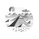 A mystical desert landscape with pyramids in the background and a scorpion crawling in the sand tattoo design idea