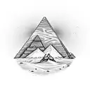 A mystical desert landscape with pyramids in the background and a scorpion crawling in the sand tattoo design idea