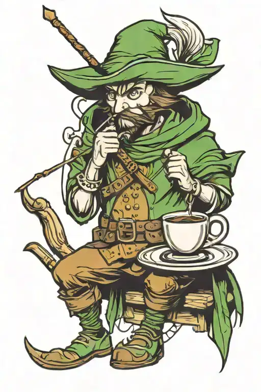 Robin Hood with a cup of coffee tattoo design idea