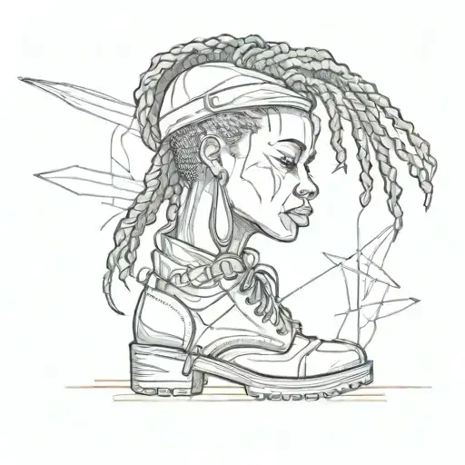 sketch of black afro female soldier in army uniform with cornrows wearing one boot and one broken high heel  tattoo design idea
