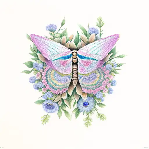Realism "Two Moths Among Flowers, Twigs" Tattoo Idea BlackInk AI