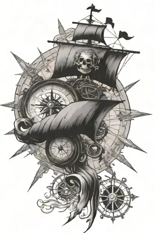 old pirate map and compass tattoo design idea