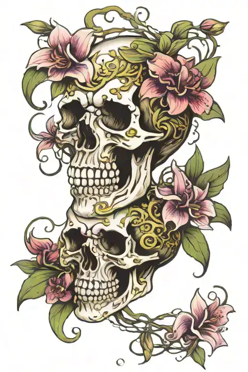 Orchids and Lilies wrapped around a skull entangled in vines   tattoo design idea