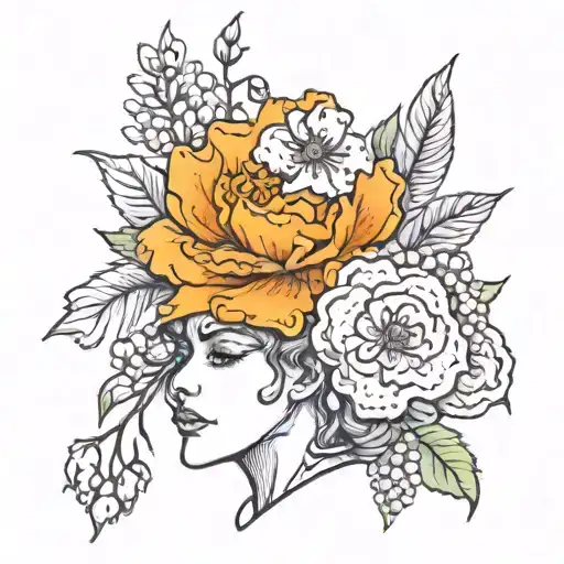womans shoulder cap with carnation, lilly of the valley, marigold and larkspur  tattoo design idea