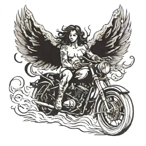 A nude angel riding a motorcycle through a fiery inferno, with demons chasing behind tattoo design idea