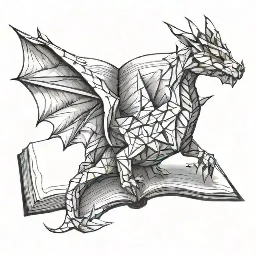 Origami Dragon comming out of a book open tattoo design idea