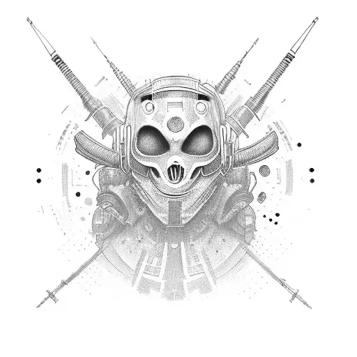 color samurai view from the side and the face has to be half men half alien tattoo design idea