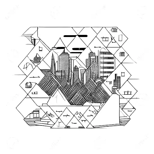 A book with a cityscape and civil engineering tools emerging from its pages tattoo design idea