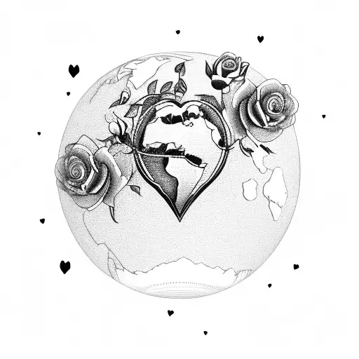 A vintage airplane flying over a heart-shaped globe, surrounded by roses and dog paw prints tattoo design idea