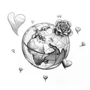 A vintage airplane flying over a heart-shaped globe, surrounded by roses and dog paw prints tattoo design idea