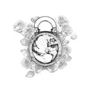 A vintage airplane flying over a heart-shaped globe, surrounded by roses and dog paw prints tattoo design idea