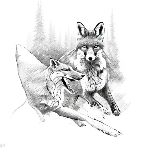 A sketch-style portrait of a trailrunner with a fox companion running alongside tattoo design idea