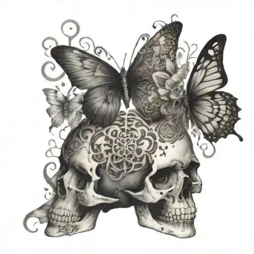 An intricate design of butterflies forming a skull shape with Buddhist symbols incorporated tattoo design idea