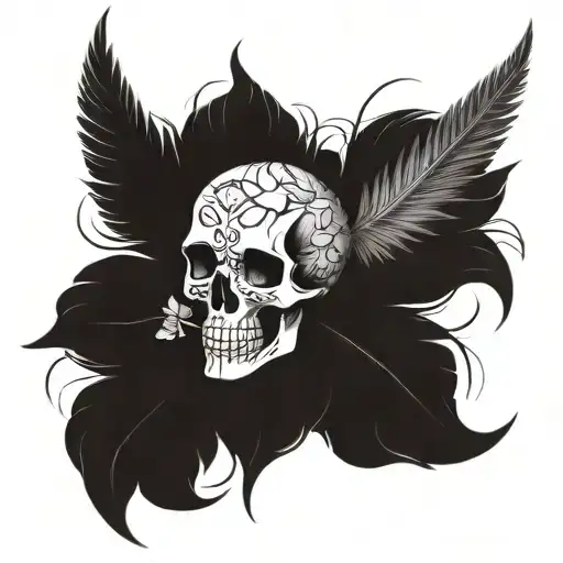 A skull adorned with eagle feathers and lotus flowers, symbolizing rebirth and transformation tattoo design idea