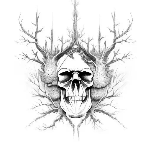 A hauntingly beautiful forest scene with a hidden skull incorporated into the trees. tattoo design idea