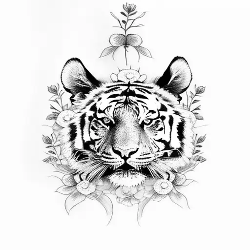 tiger skull with flowers tattoo design idea