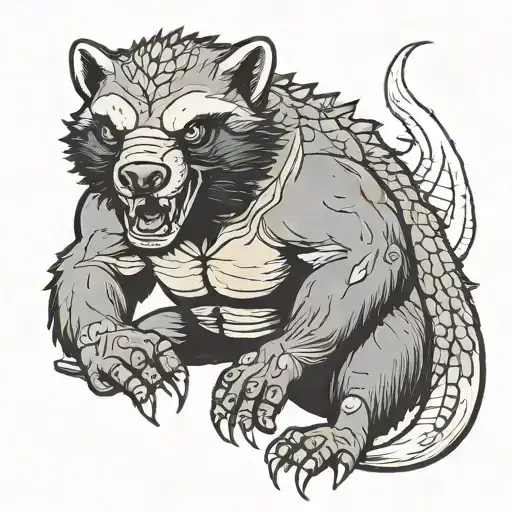 Draw me psychopath Honey Badger/Berserker with aggressive full body, killer face with a scary smile, very long nails and tattoo design idea