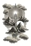 sun rays with clouds and mountains with a small cross tattoo design idea