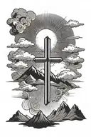 sun rays with clouds and mountains with a small cross tattoo design idea