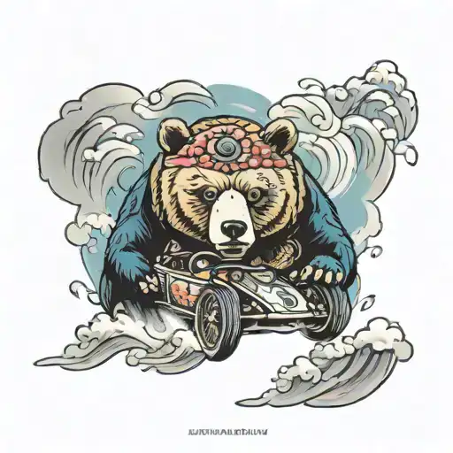 Bear in a drift car drifting tattoo design idea