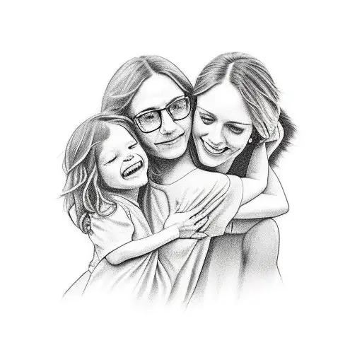 Mom hugging 2 daughters and 1 son tattoo design idea