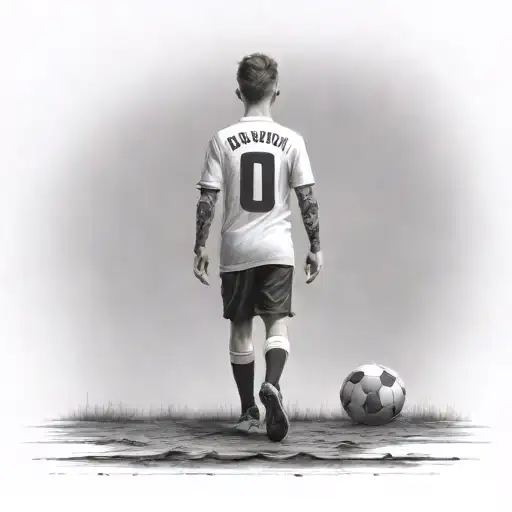 one boy walking to a soccer field realistic tattoo design facing away. number 99 written on the back of the shirt tattoo design idea