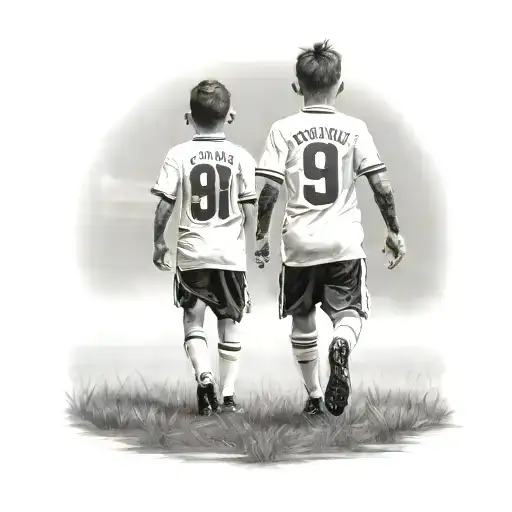 one boy walking to a soccer field realistic tattoo design facing away "99 written on shirt" tattoo design idea