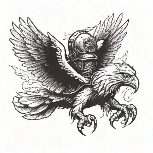 white eagle flying with a poached helmet while's holding a burning polish flag in his feet with  tattoo design idea