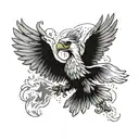 white eagle flying with a poached helmet while's holding a burning polish flag in his feet with  tattoo design idea