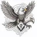 white eagle flying with a poached helmet while's holding a burning polish flag  tattoo design idea