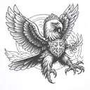 white eagle flying with a poached helmet while's holding a burning polish flag  tattoo design idea