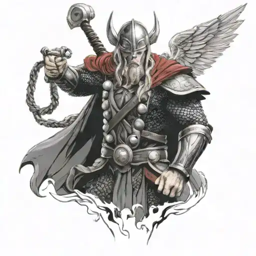 Creating image, imagine Thor, clad in traditional Viking attire with a winged helmet and wielding Mjölni vs ninja assass tattoo design idea