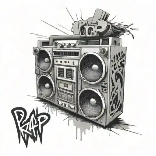 Kalem (pencil) sketch of a boombox with graffiti-style old school rap lyrics tattoo design idea