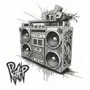 Kalem (pencil) sketch of a boombox with graffiti-style old school rap lyrics tattoo design idea