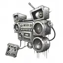 Kalem (pencil) sketch of a boombox with graffiti-style old school rap lyrics tattoo design idea