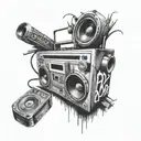 Kalem (pencil) sketch of a boombox with graffiti-style old school rap lyrics tattoo design idea