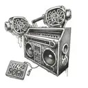 Kalem (pencil) sketch of a boombox with graffiti-style old school rap lyrics tattoo design idea
