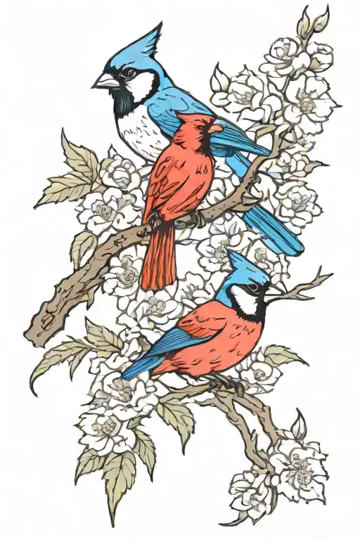 Cardinal and Bluejay on a branch with carnations and hawthorns tattoo design idea