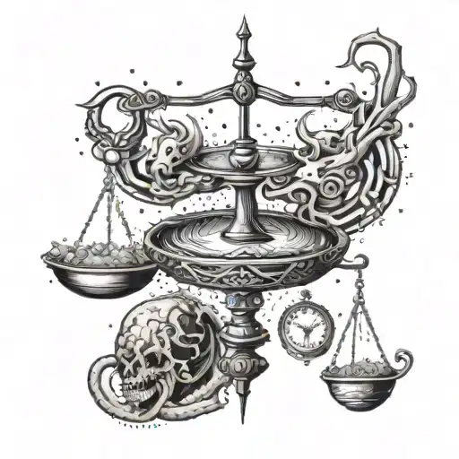 A mystical tattoo of a balance scale with a scorpion and bull on either side, with a touch of horror elements like skulls or bats tattoo design idea